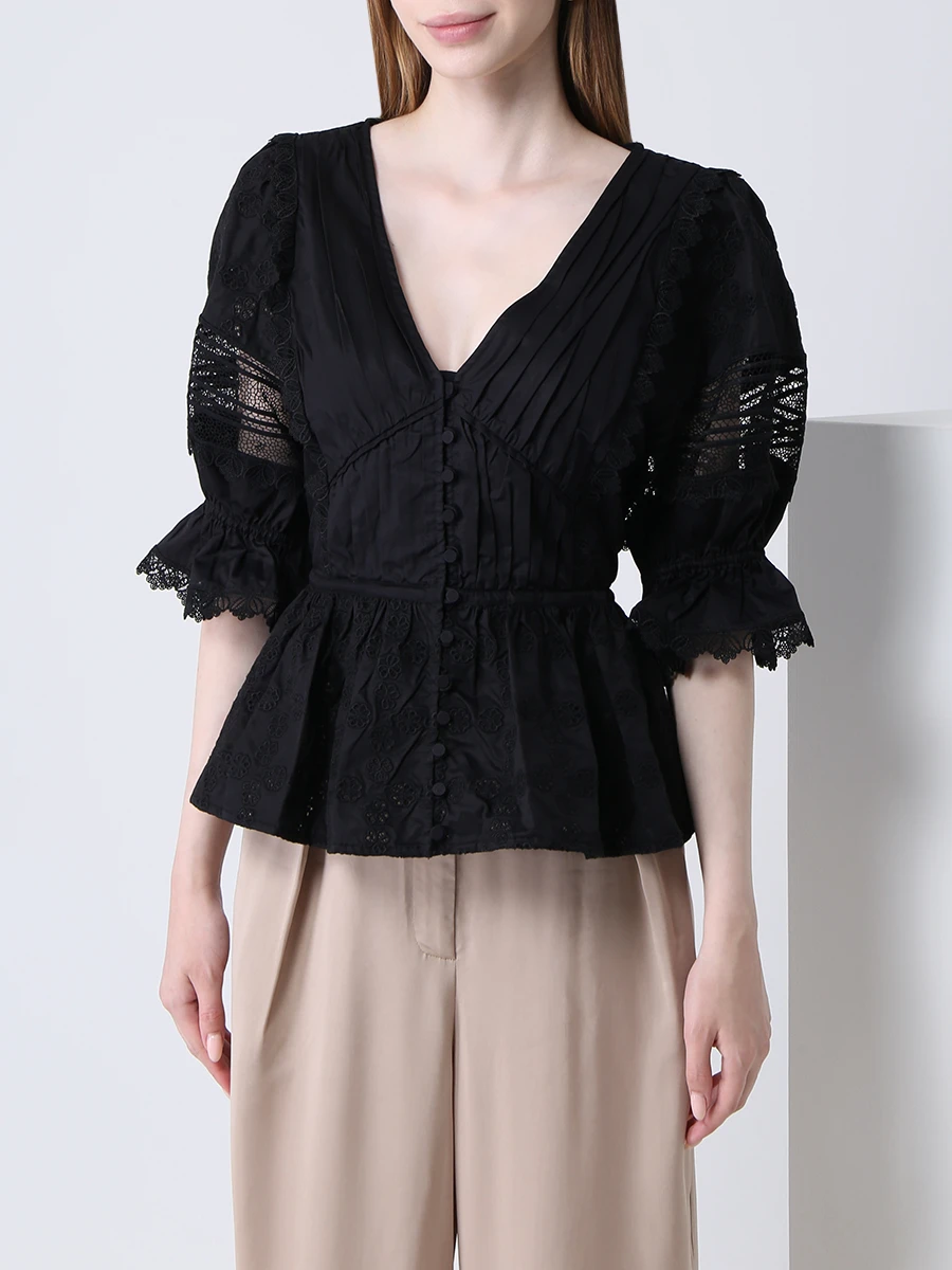 Блуза хлопковая SELF-PORTRAIT PF21-047T, размер 42, цвет черный - фото 4