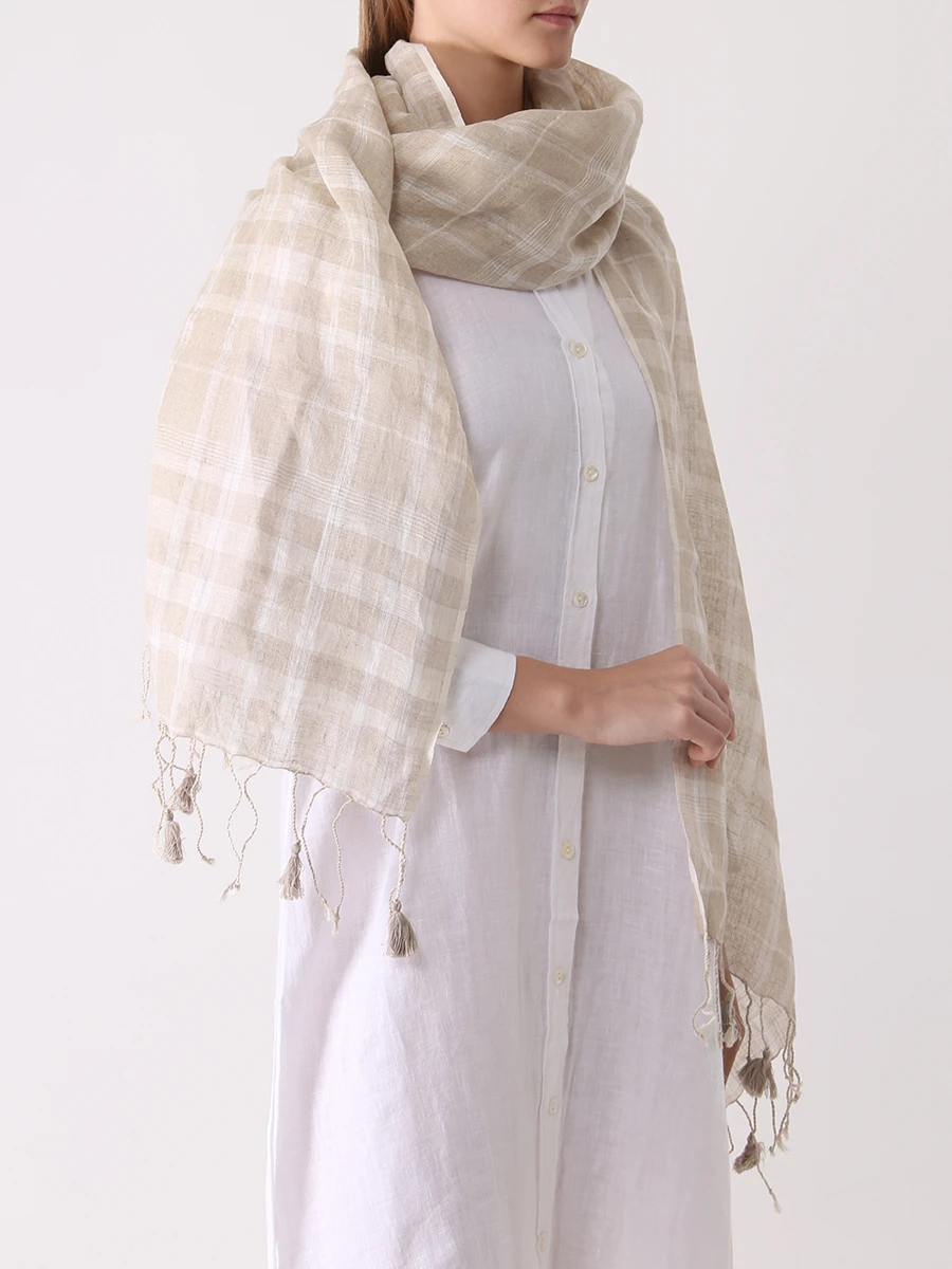 Платок льняной в клетку LINEN AND LINENS 90160651B/2 Бежевый  Фото 2