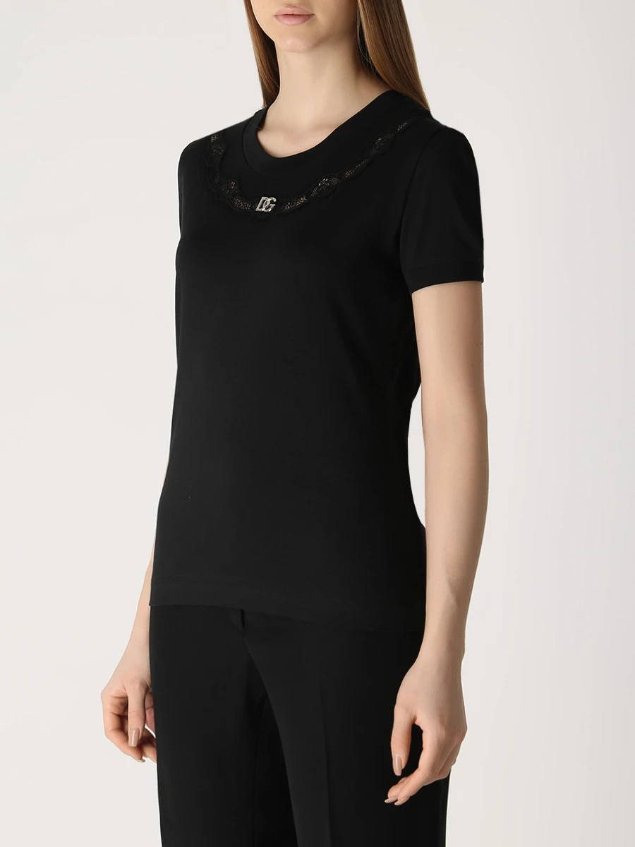 Футболка хлопковая с кружевом DOLCE & GABBANA F8T66Z G7H1Z N0000 Черный  Фото 4