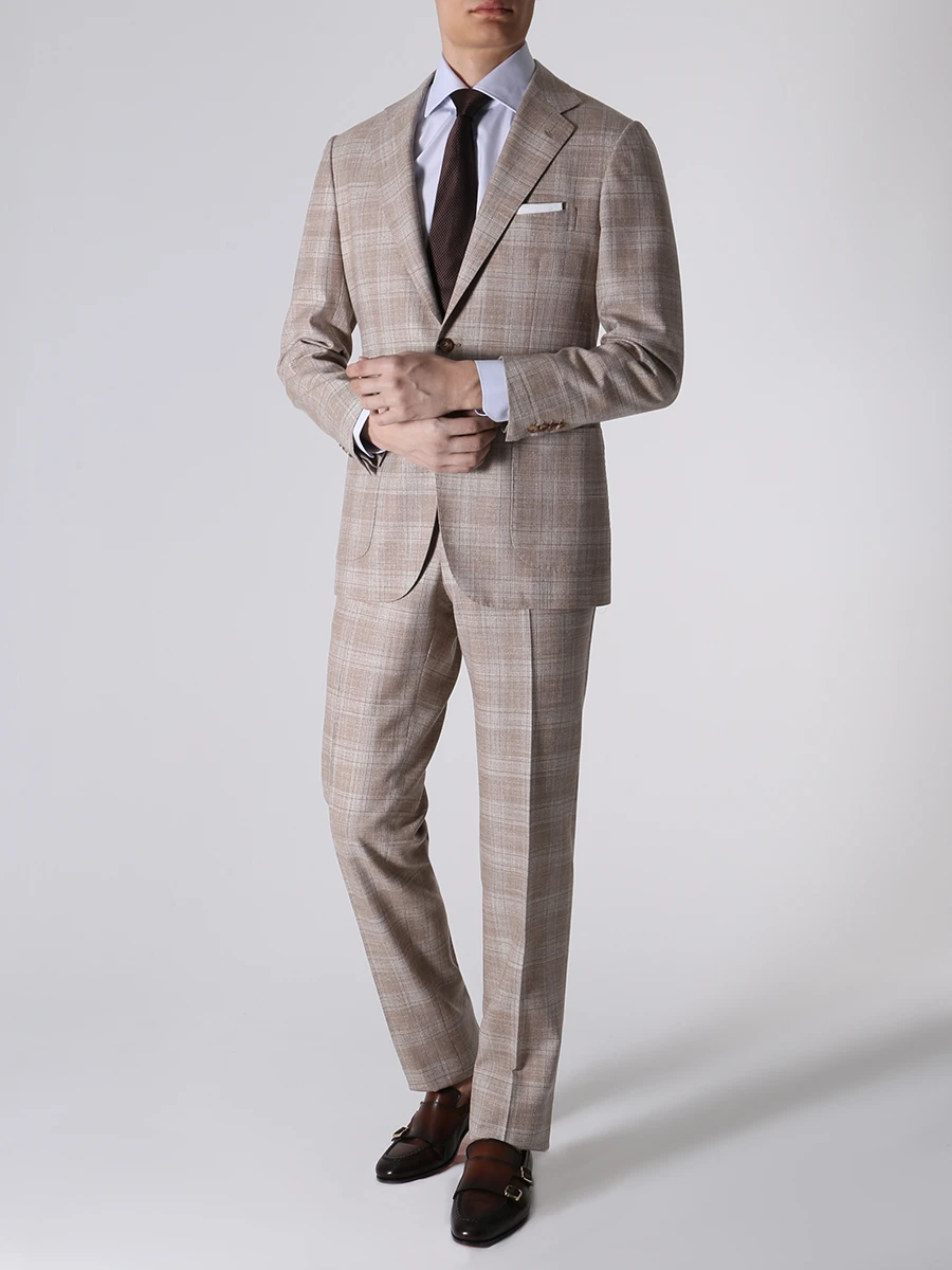 Рубашка Slim Fit хлопковая в клетку KITON UCCH0847911000 Голубой  Фото 2