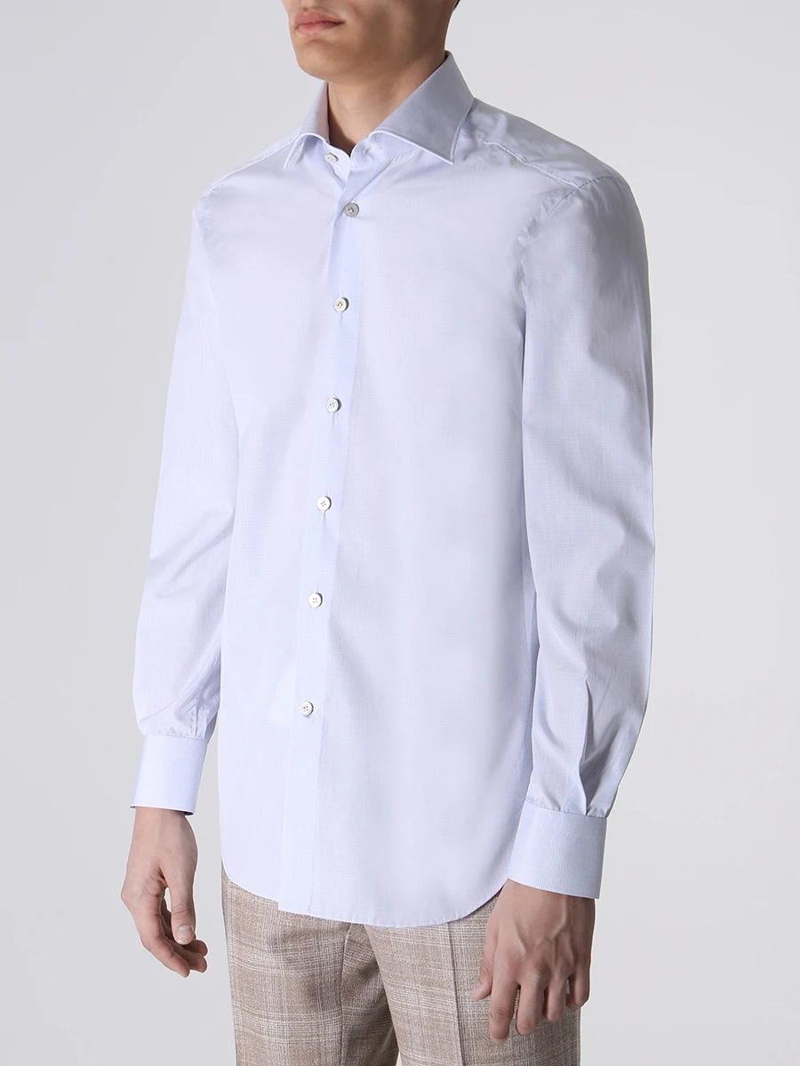 Рубашка Slim Fit хлопковая в клетку KITON UCCH0847911000 Голубой  Фото 4