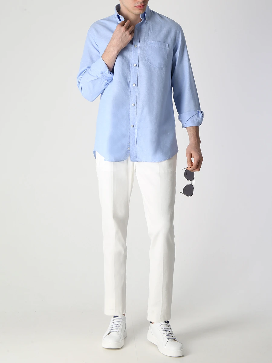 Рубашка Regular Fit из хлопка и льна PAUL & SHARK 23413094/020 Голубой  Фото 2