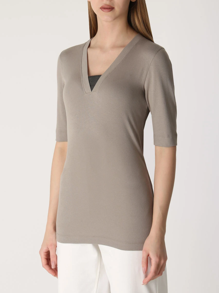 Футболка хлопковая BRUNELLO CUCINELLI M0TC8EL692 C8694 Бежевый  Фото 4