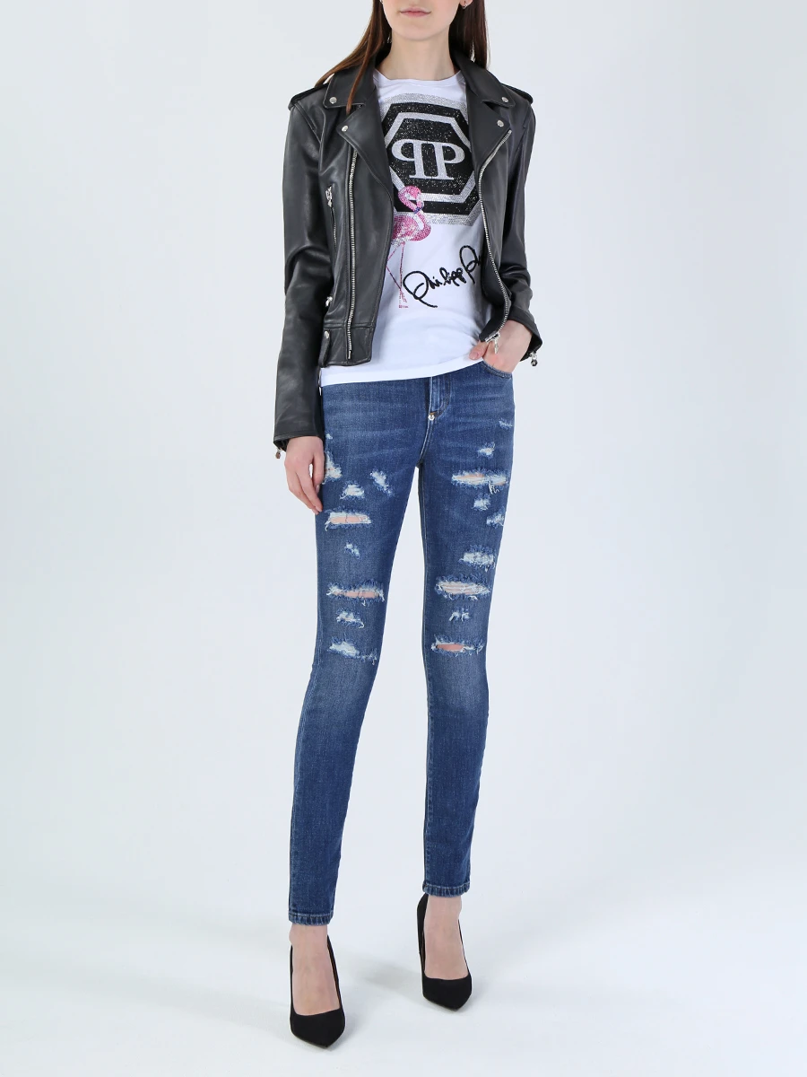 Хлопковые джинсы с потертостями PHILIPP PLEIN WDT1020 Деним  Фото 2
