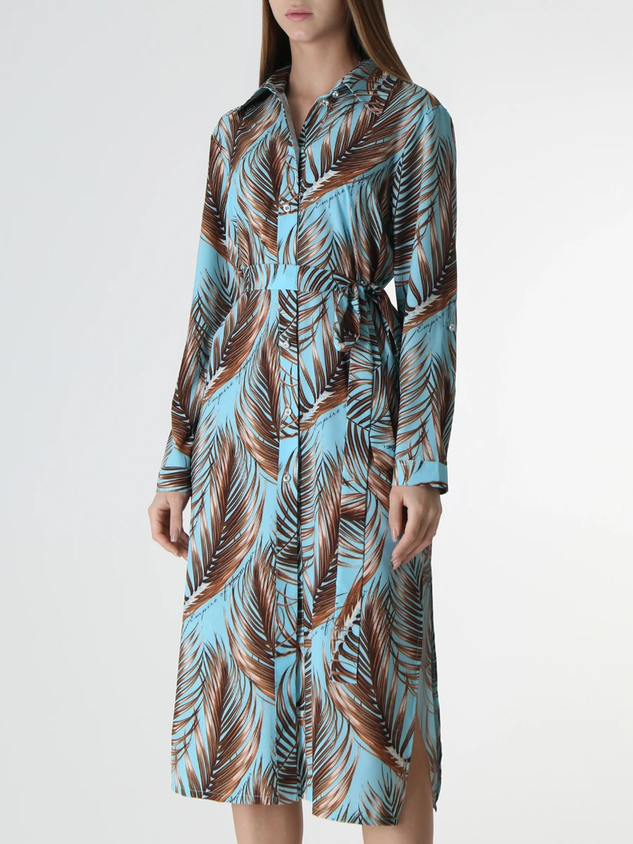 Платье-рубашка из вискозы EMPIRE OF SUMMER 5089 Листья пальмы, размер 44, цвет голубой - фото 4