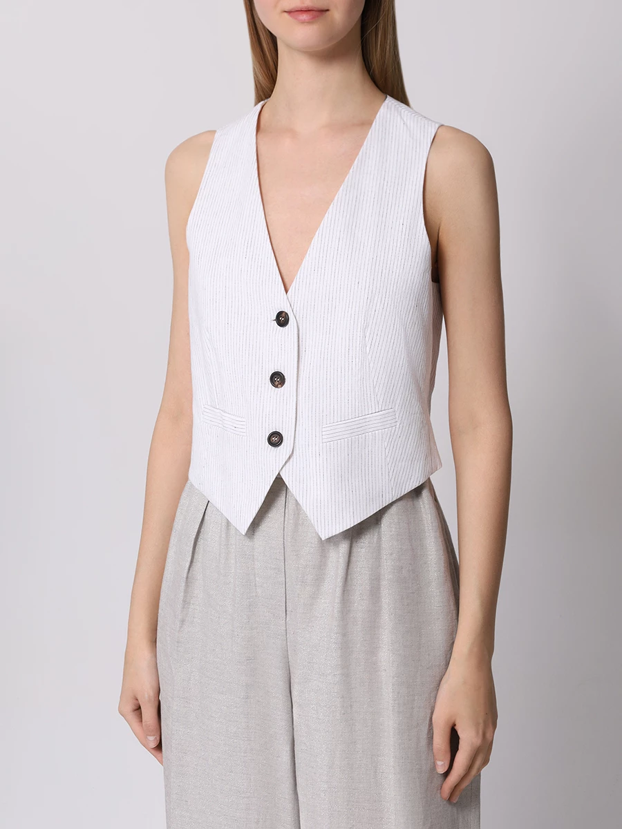 Жилет из хлопка и льна BRUNELLO CUCINELLI MH557HU846 C416 Белый, Черная полоска Полоска  Фото 4