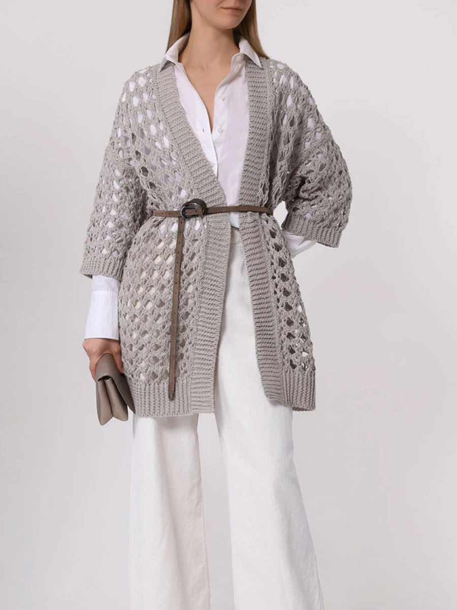 Кардиган из джута и хлопка BRUNELLO CUCINELLI M3Y371006 C9593 Серый  Фото 2