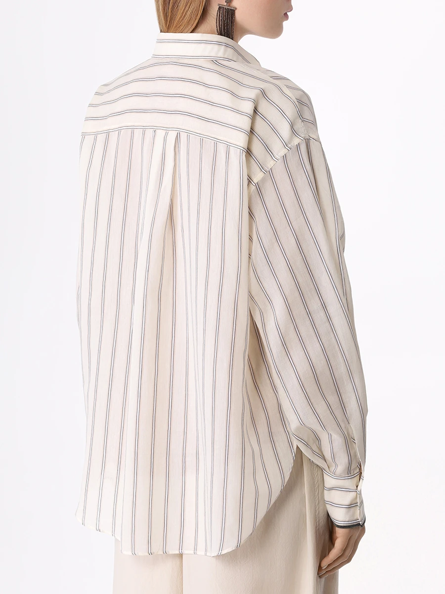Рубашка хлопковая BRUNELLO CUCINELLI MH777MJ916 C4051 Бежевый, Черная полоска Кремовый  Фото 3