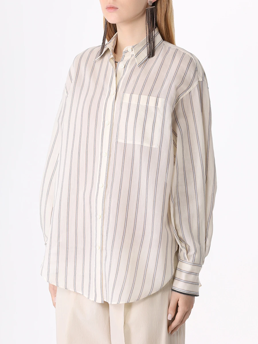 Рубашка хлопковая BRUNELLO CUCINELLI MH777MJ916 C4051 Бежевый, Черная полоска Кремовый  Фото 4