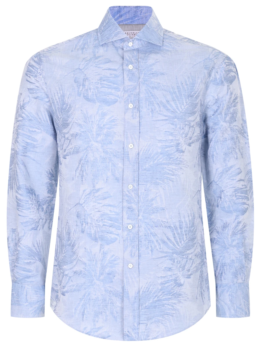 Рубашка Slim Fit из хлопка и льна BRUNELLO CUCINELLI MM6321718 C130 Голубой 