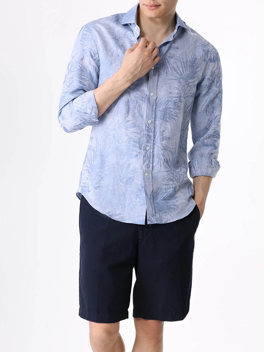 Рубашка Slim Fit из хлопка и льна BRUNELLO CUCINELLI MM6321718 C130 Голубой  Фото 2