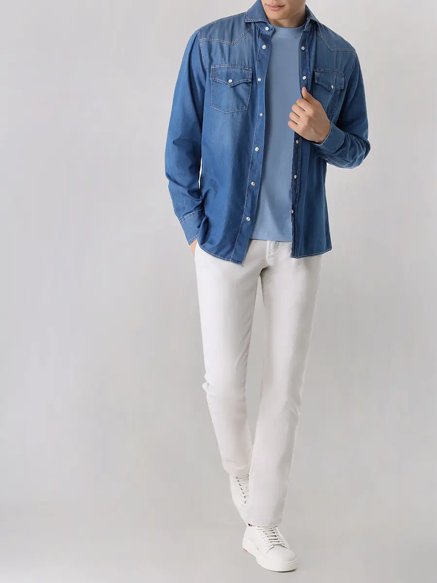 Рубашка Easy Fit джинсовая BRUNELLO CUCINELLI MR683B2036 COM47 Деним  Фото 2