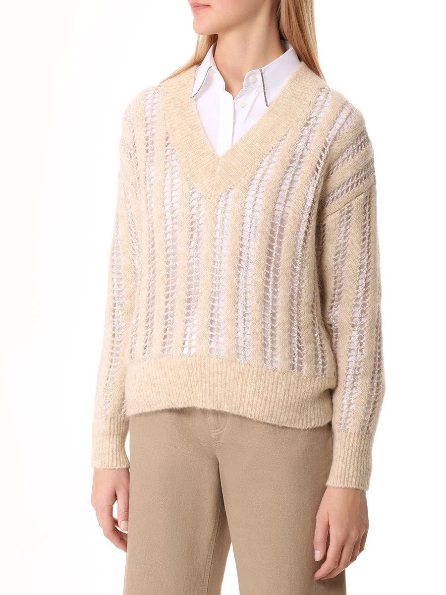 Пуловер Dazzling Net из шерсти и мохера BRUNELLO CUCINELLI MCM510612P CQK82 Бежевый  Фото 4