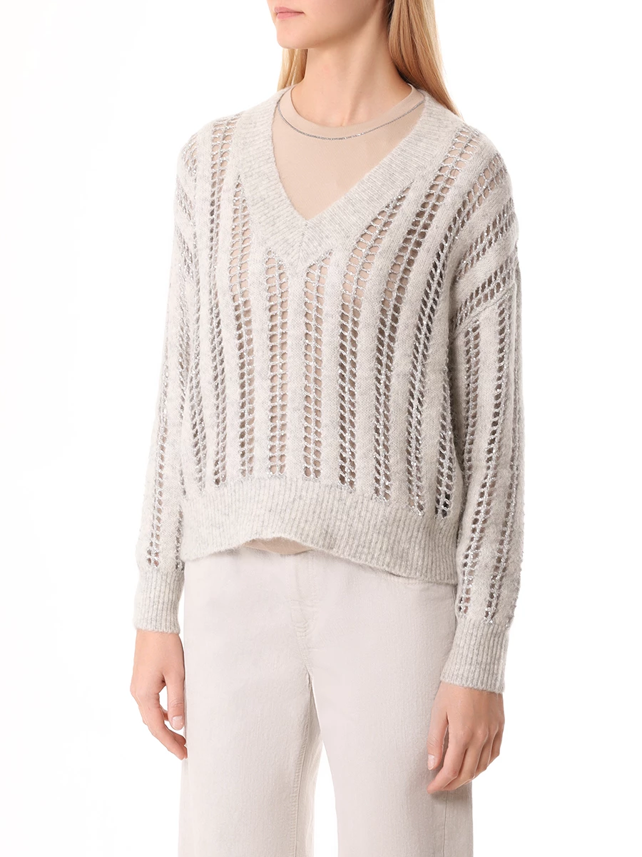 Пуловер Dazzling Net из шерсти и мохера BRUNELLO CUCINELLI MCM510612P CXL37 Серый  Фото 4