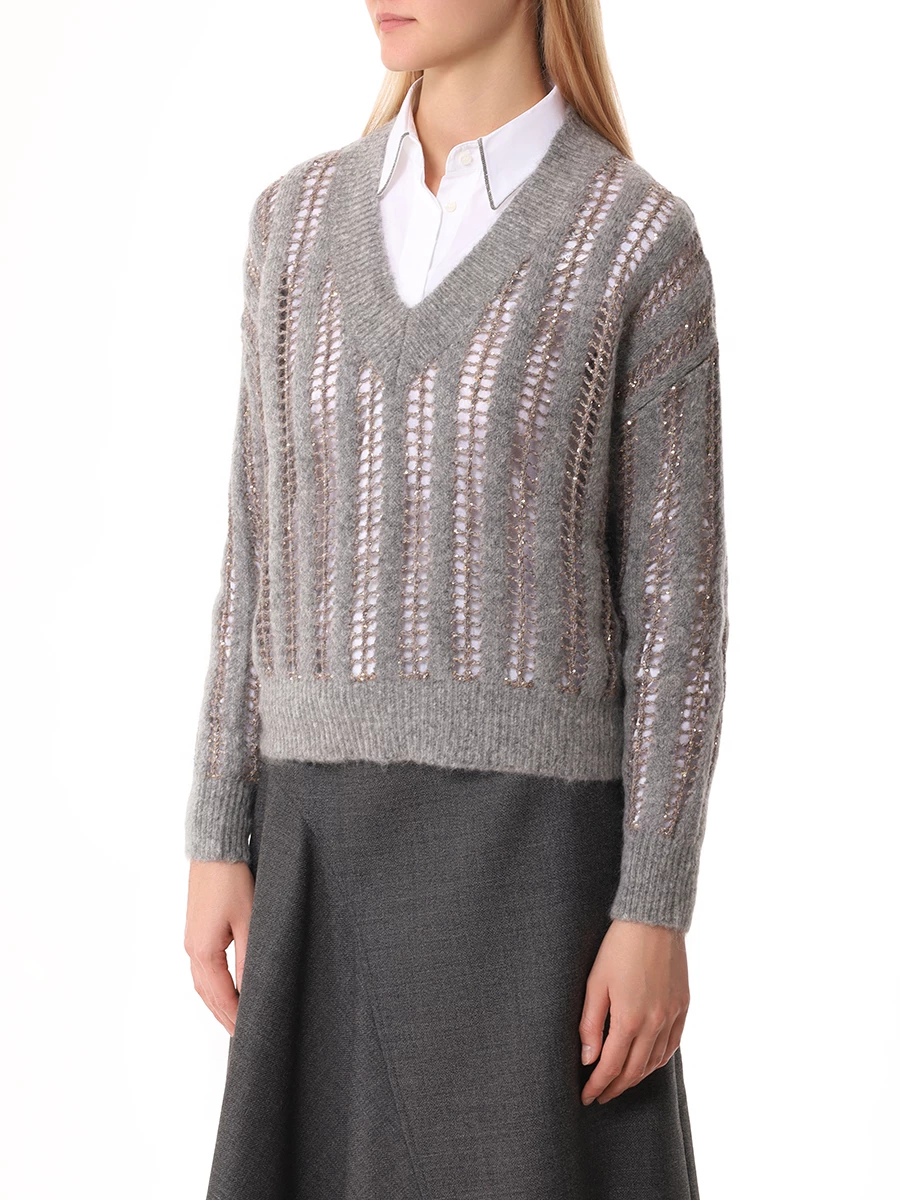 Пуловер Dazzling Net из шерсти и мохера BRUNELLO CUCINELLI MCM510612P CYT56 Серый  Фото 4