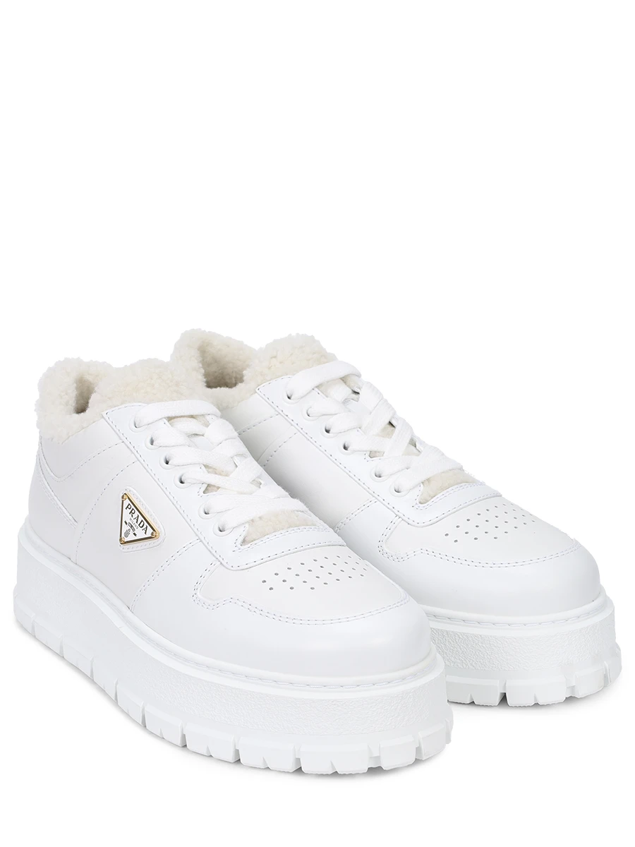 Кроссовки кожаные на меху PRADA 1E947M 3LEN F0009 Белый  Фото 2