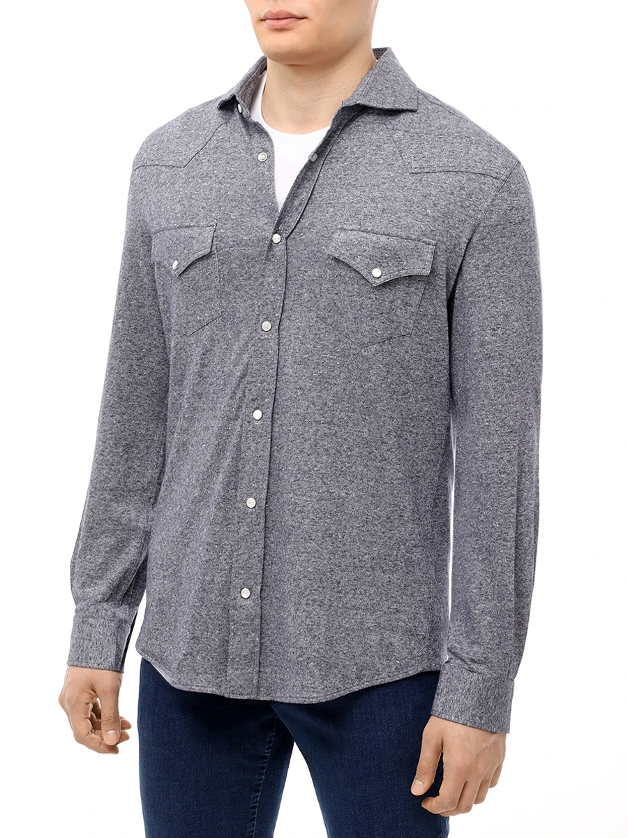 Рубашка Slim Fit из хлопка и льна BRUNELLO CUCINELLI MW8356666 C564 Синий  Фото 4