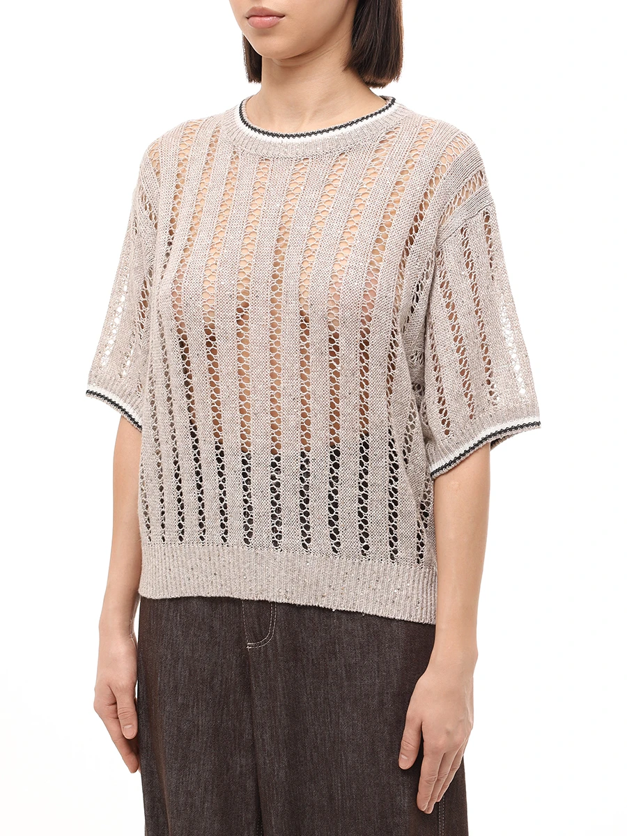 Джемпер льняной с пайетками BRUNELLO CUCINELLI MCO559400 CJK08 Бежевый  Фото 4