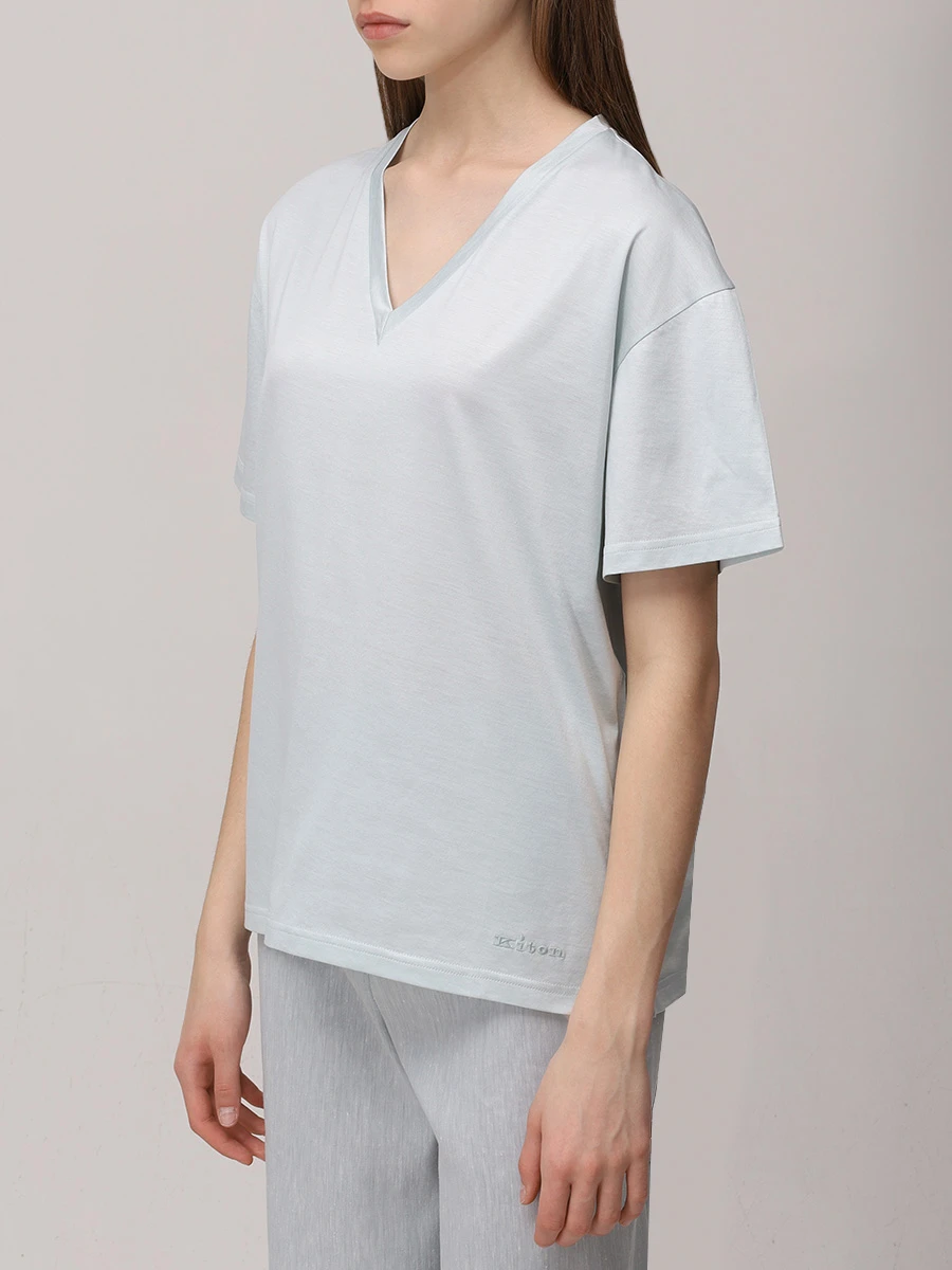 Футболка из шелка и хлопка KITON D59420K0925F01001 Голубой  Фото 4