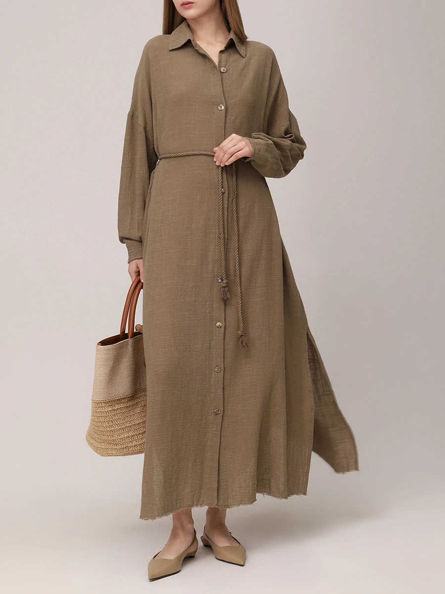 Платье-рубашка хлопковое MAISON SAINT JULIEN Mykonos long dress long sleeves Хаки  Фото 2
