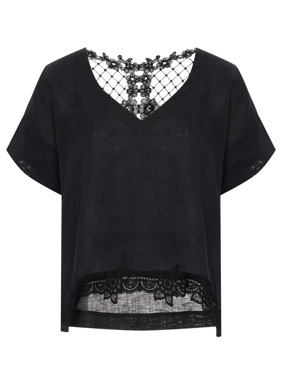 

Блуза изо льна и района, Черный, W08040679