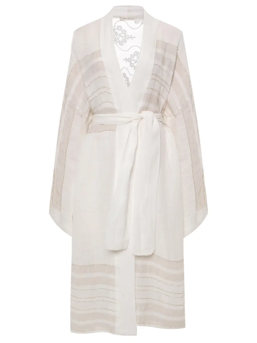 

Туника льняная с кружевом, Полоска, W07162979