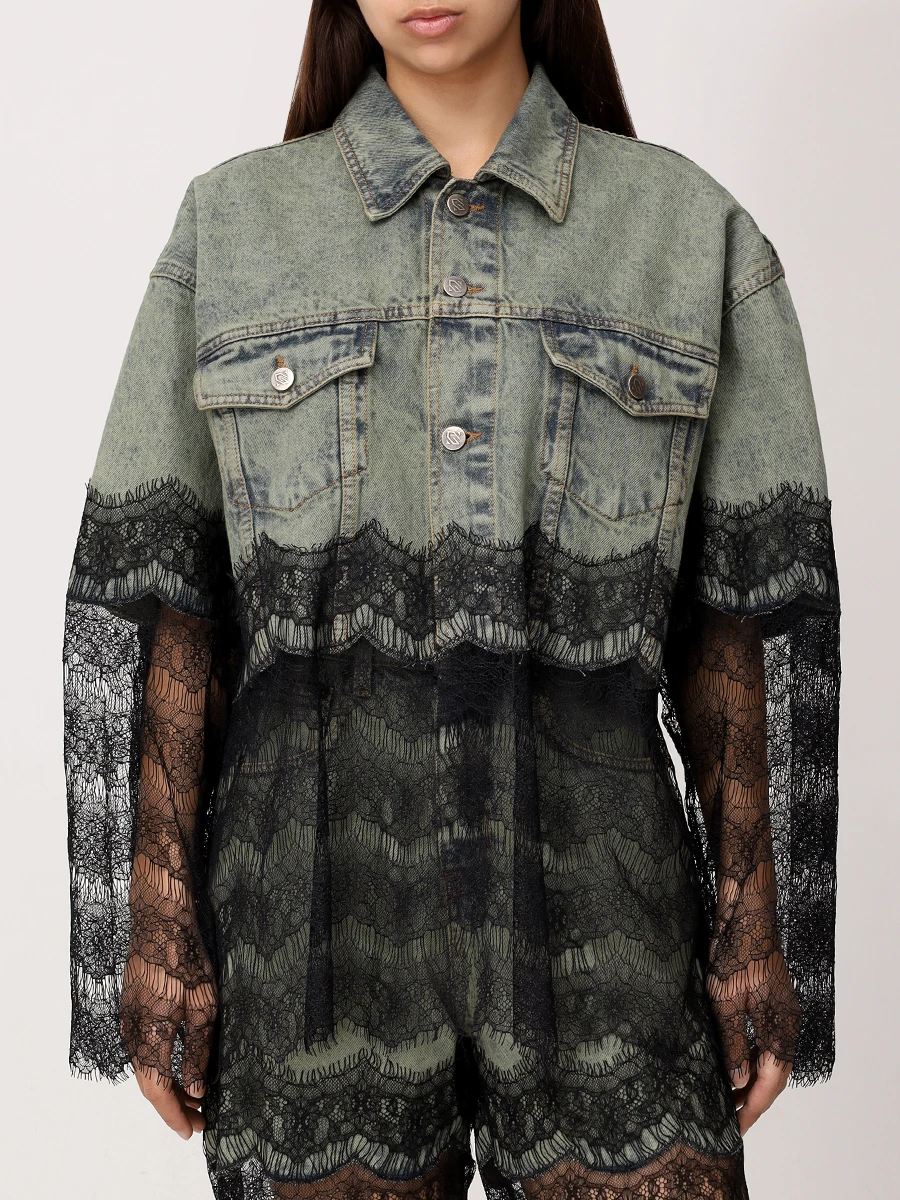 Куртка джинсовая с кружевом GIUSEPPE DI MORABITO 04SSDNJ075 04450 Зеленый  Фото 4