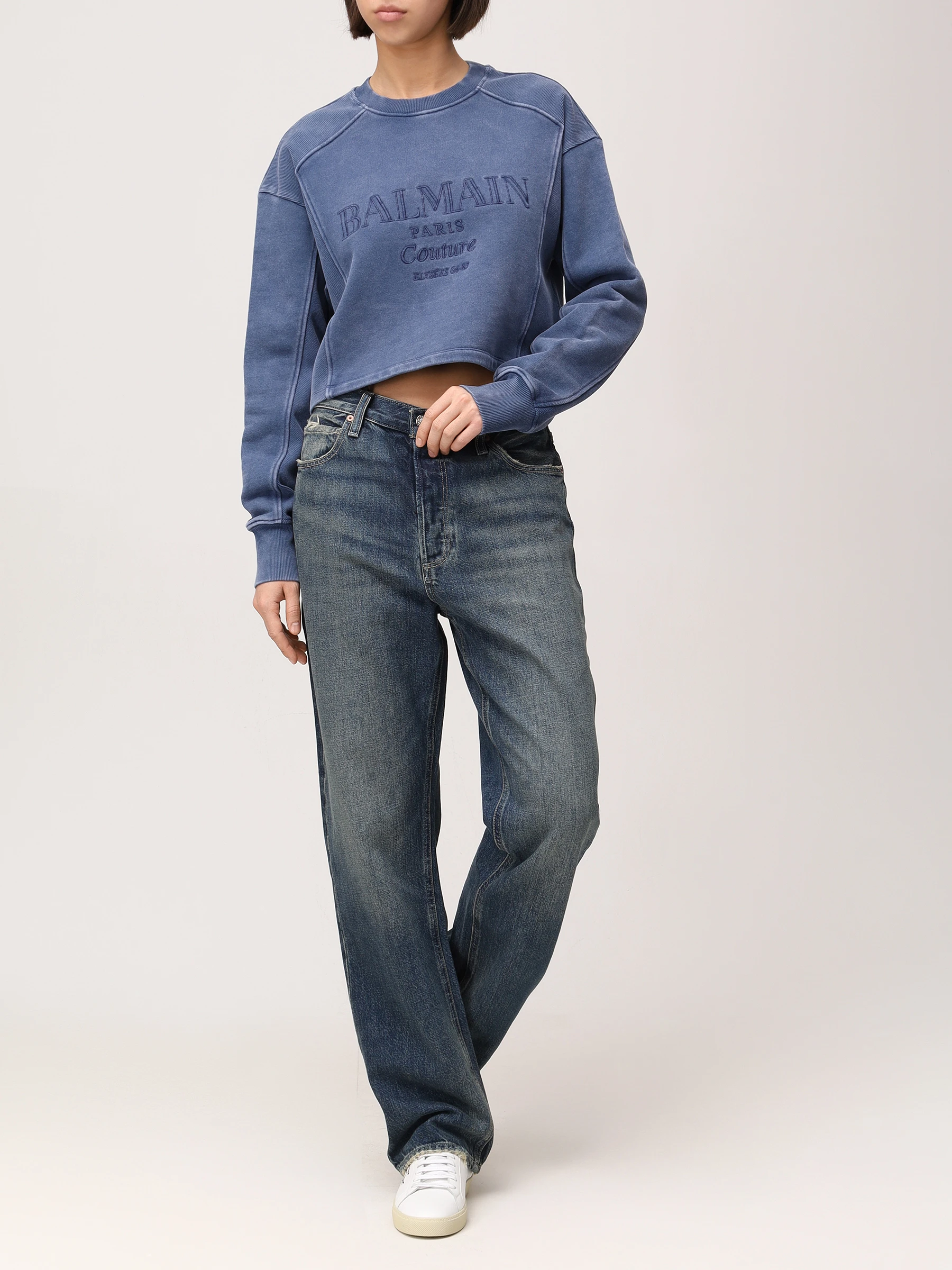 Толстовка хлопковая BALMAIN EF1JO076BC96/SOS Голубой  Фото 2