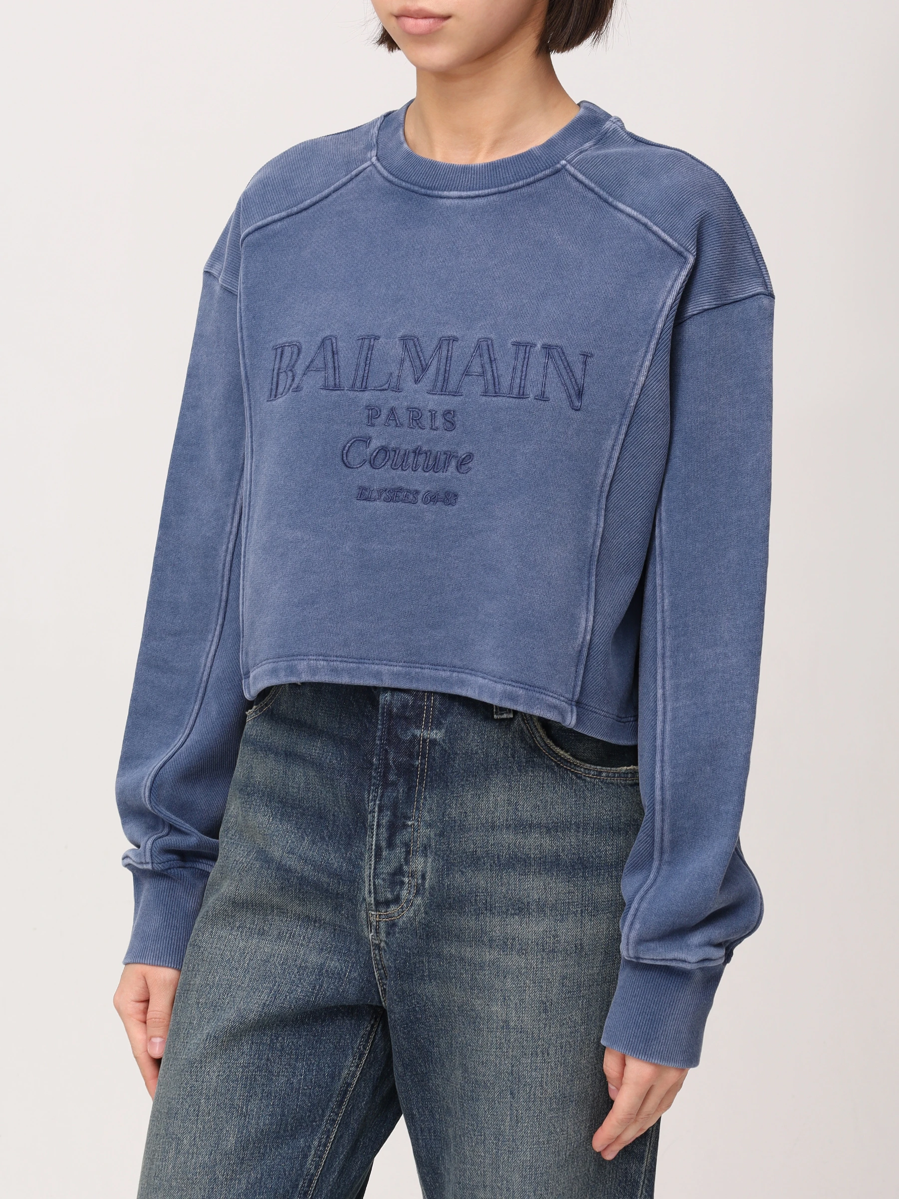 Толстовка хлопковая BALMAIN EF1JO076BC96/SOS Голубой  Фото 4