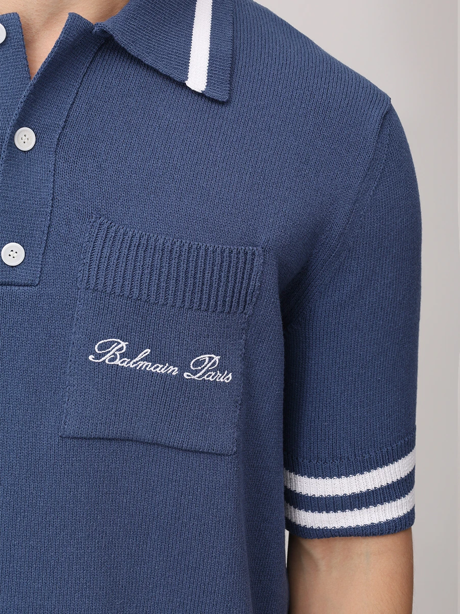 Поло из хлопка и лиоцелла BALMAIN EH1GB046KF96 Синий  Фото 5