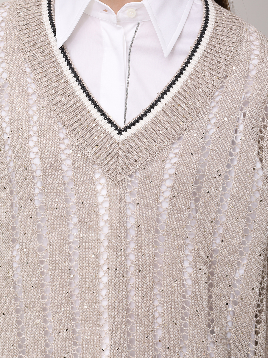 Пуловер льняной BRUNELLO CUCINELLI MCO559402 CJK08 Бежевый  Фото 5