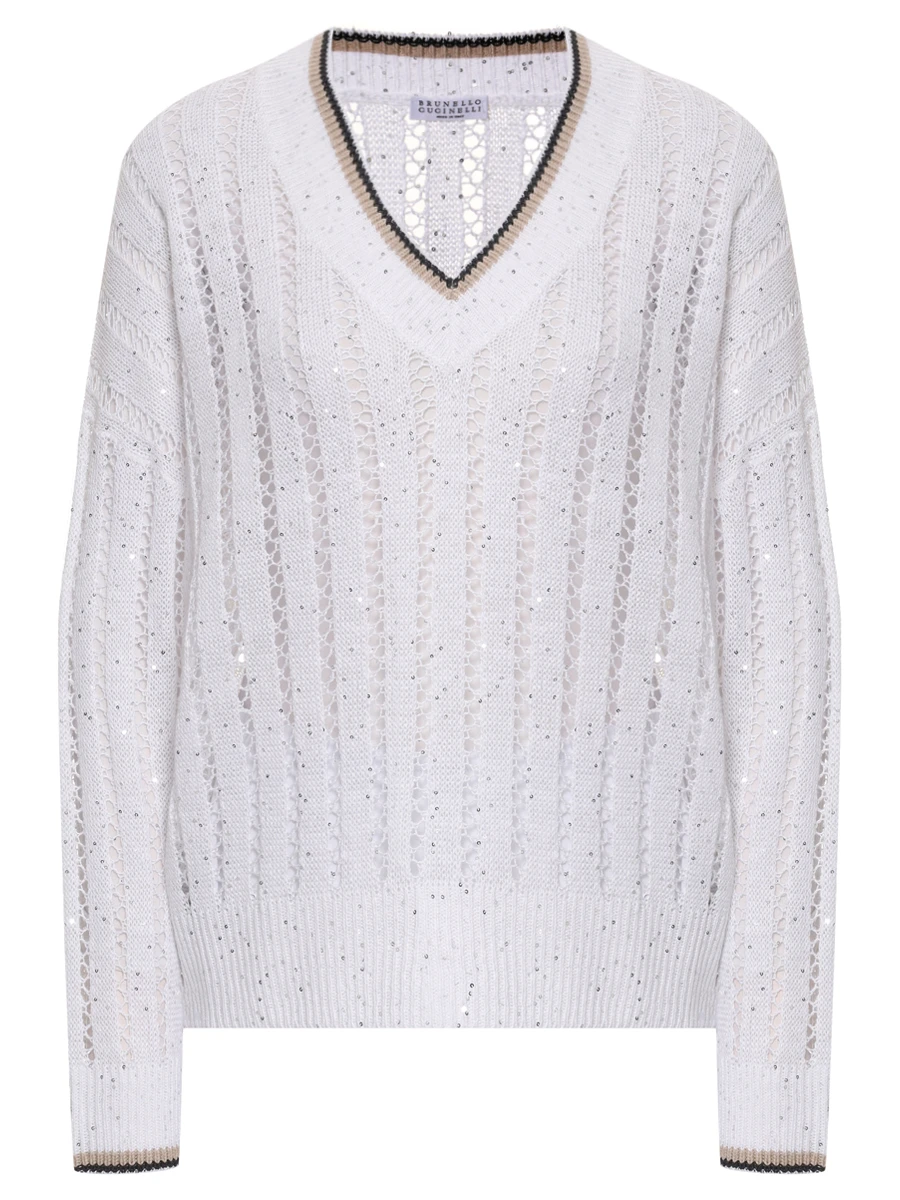 Пуловер льняной BRUNELLO CUCINELLI MCO559402 CFA26 Белый 