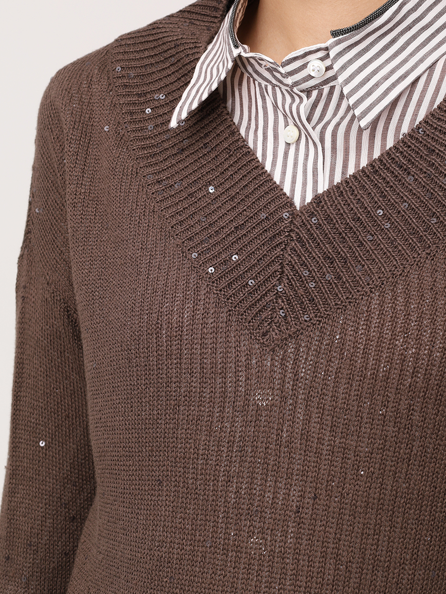 Пуловер изо льна и шелка BRUNELLO CUCINELLI M10550232 C8705 Коричневый  Фото 5