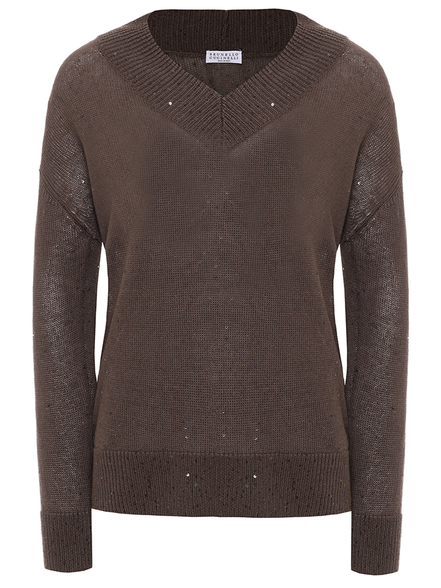 Пуловер изо льна и шелка BRUNELLO CUCINELLI M10550232 C8705 Коричневый 