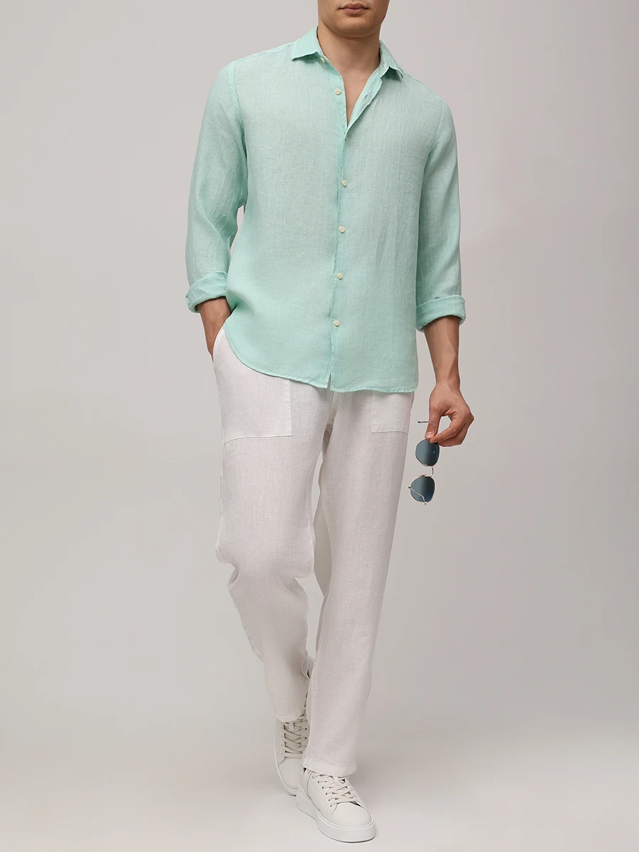 Рубашка Slim Fit льняная MC2 SAINT BARTH PAMPLONA - 53 SAGE Зеленый  Фото 2