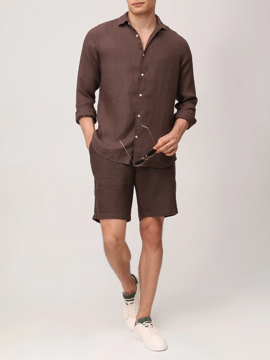 Рубашка Slim Fit льняная MC2 SAINT BARTH PAMPLONA - 18 BROWN Коричневый  Фото 2