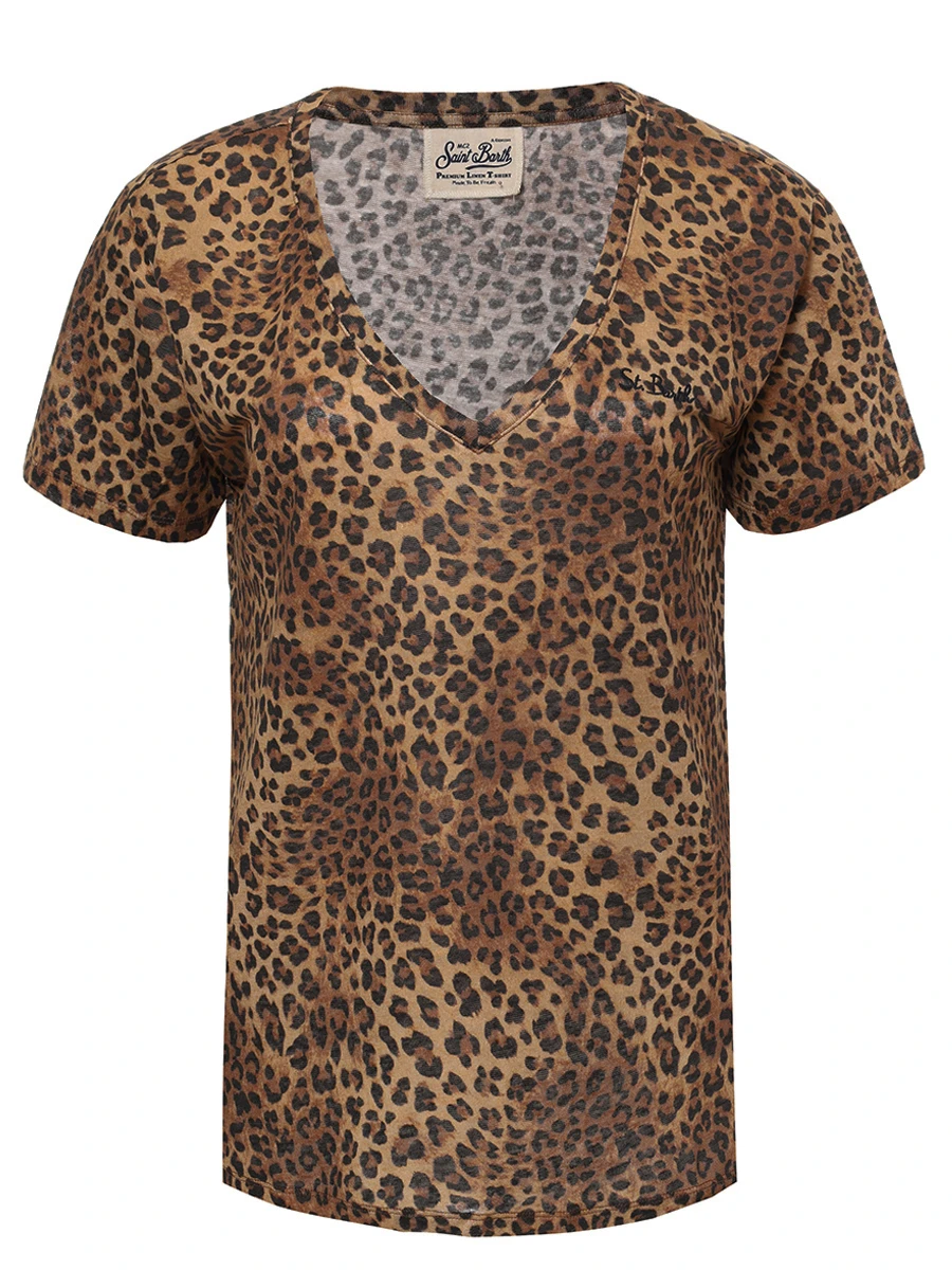 Футболка льняная MC2 SAINT BARTH ELOISE - SAND LEOPARD EMB Анималистичный принт 