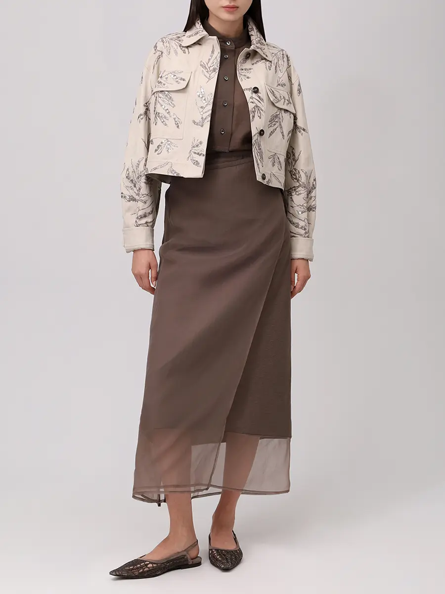 Юбка из хлопка и шелка BRUNELLO CUCINELLI ML140G3826 C8705+ Коричневый  Фото 2