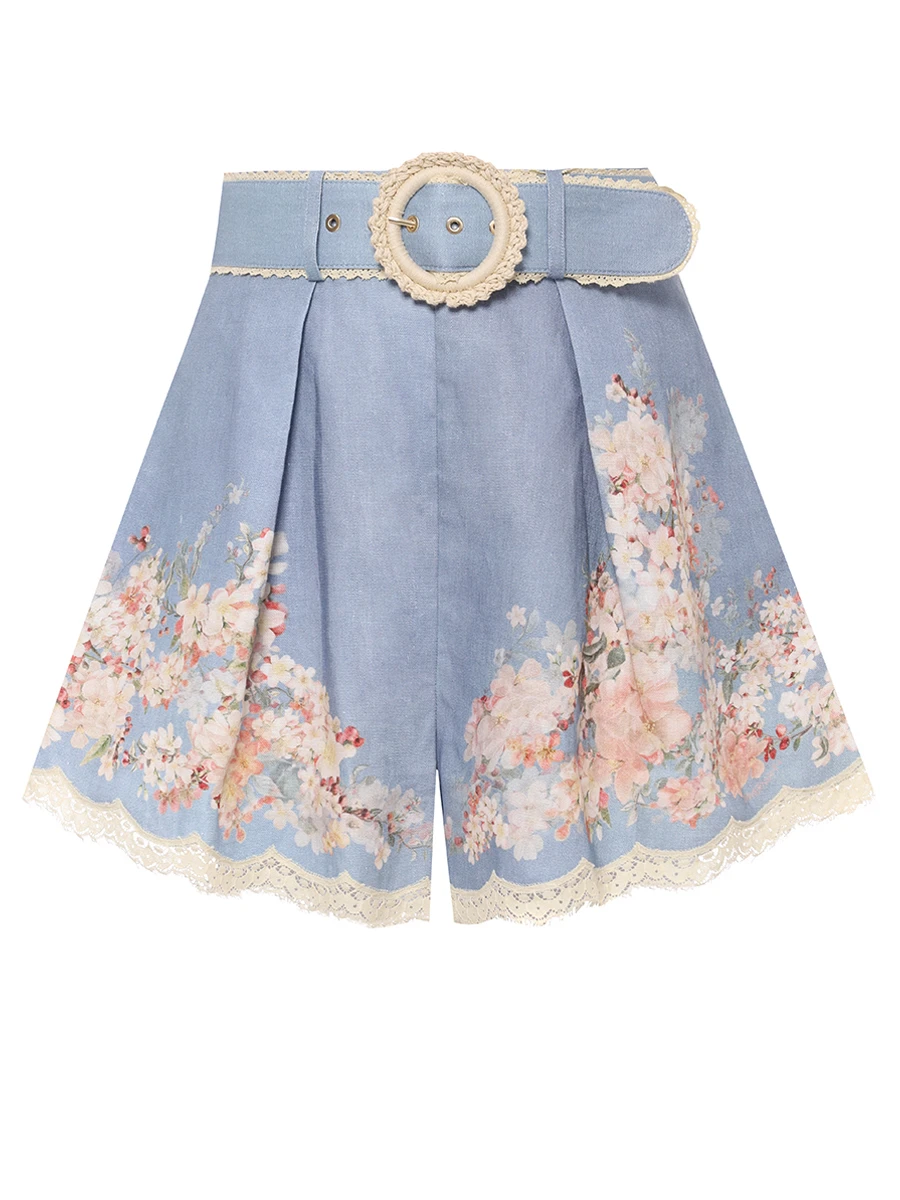 Шорты льняные ZIMMERMANN 3558ASS255/Teal Blue Botanical Floral Голубой 