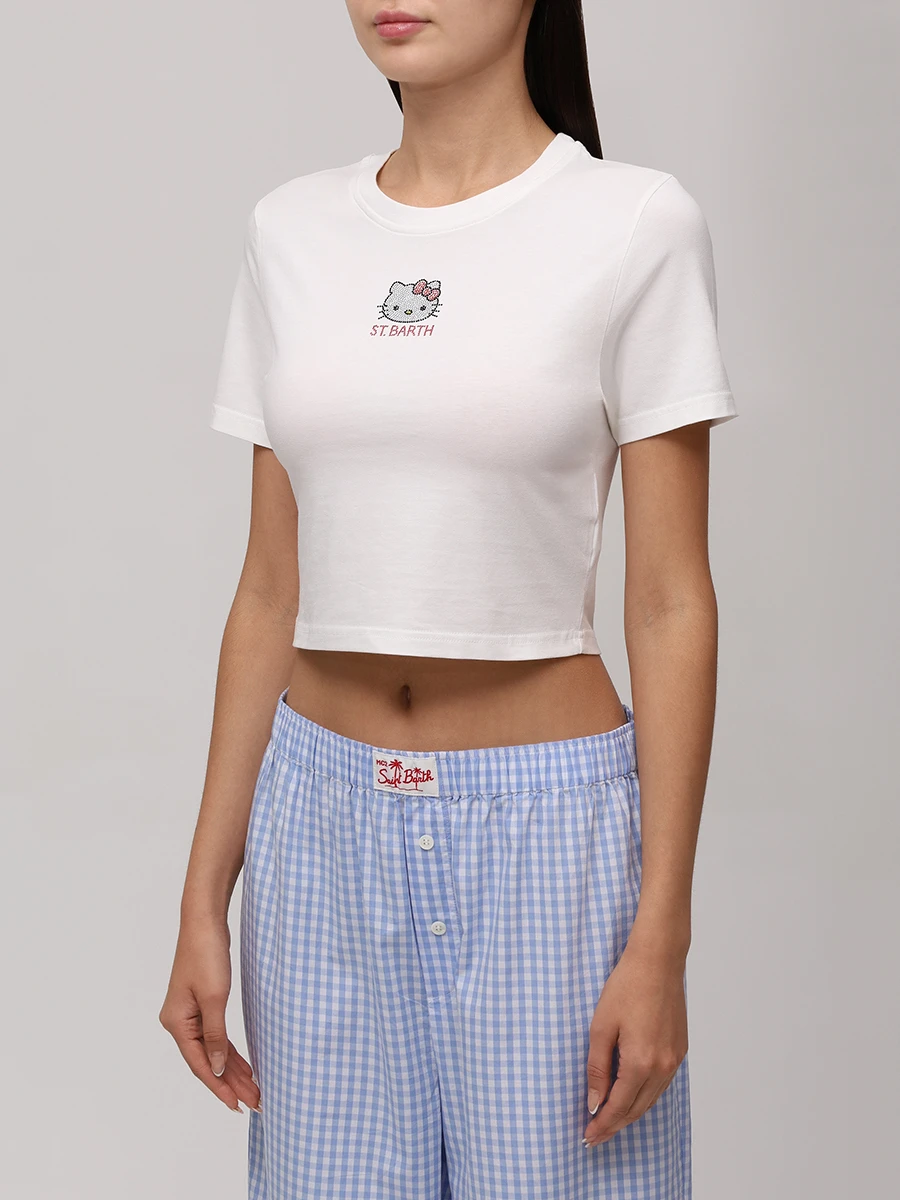 Топ хлопковый MC2 SAINT BARTH NIVES - HELLO KITTY IN SB 01N STRASS Белый  Фото 4