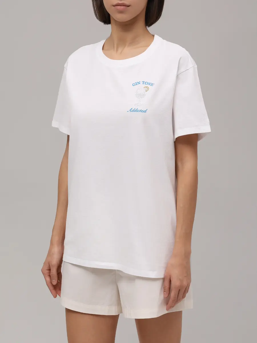 Футболка хлопковая MC2 SAINT BARTH EMILIE - GIN TONIC ADDICTED 01N STRASS EMB Белый  Фото 4