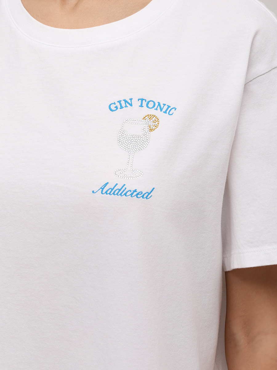 Футболка хлопковая MC2 SAINT BARTH EMILIE - GIN TONIC ADDICTED 01N STRASS EMB Белый  Фото 5