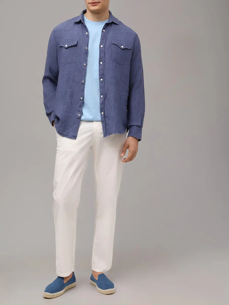 Рубашка Slim Fit льняная MC2 SAINT BARTH GREG - DENIM DARK Деним  Фото 2