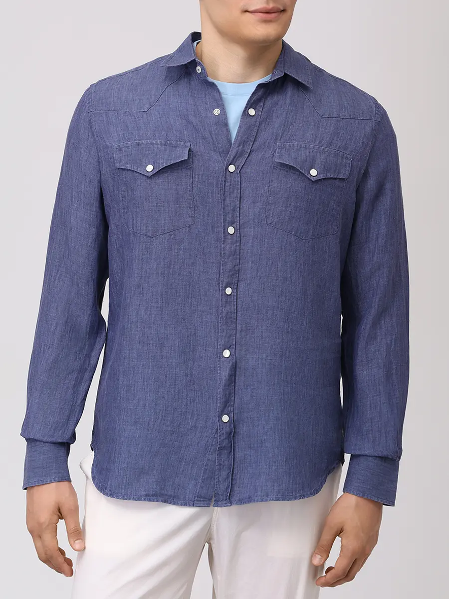 Рубашка Slim Fit льняная MC2 SAINT BARTH GREG - DENIM DARK Деним  Фото 4
