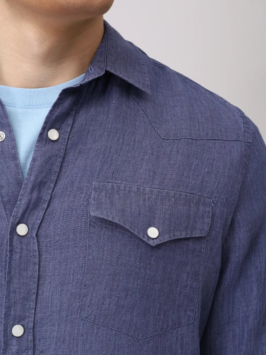 Рубашка Slim Fit льняная MC2 SAINT BARTH GREG - DENIM DARK Деним  Фото 5