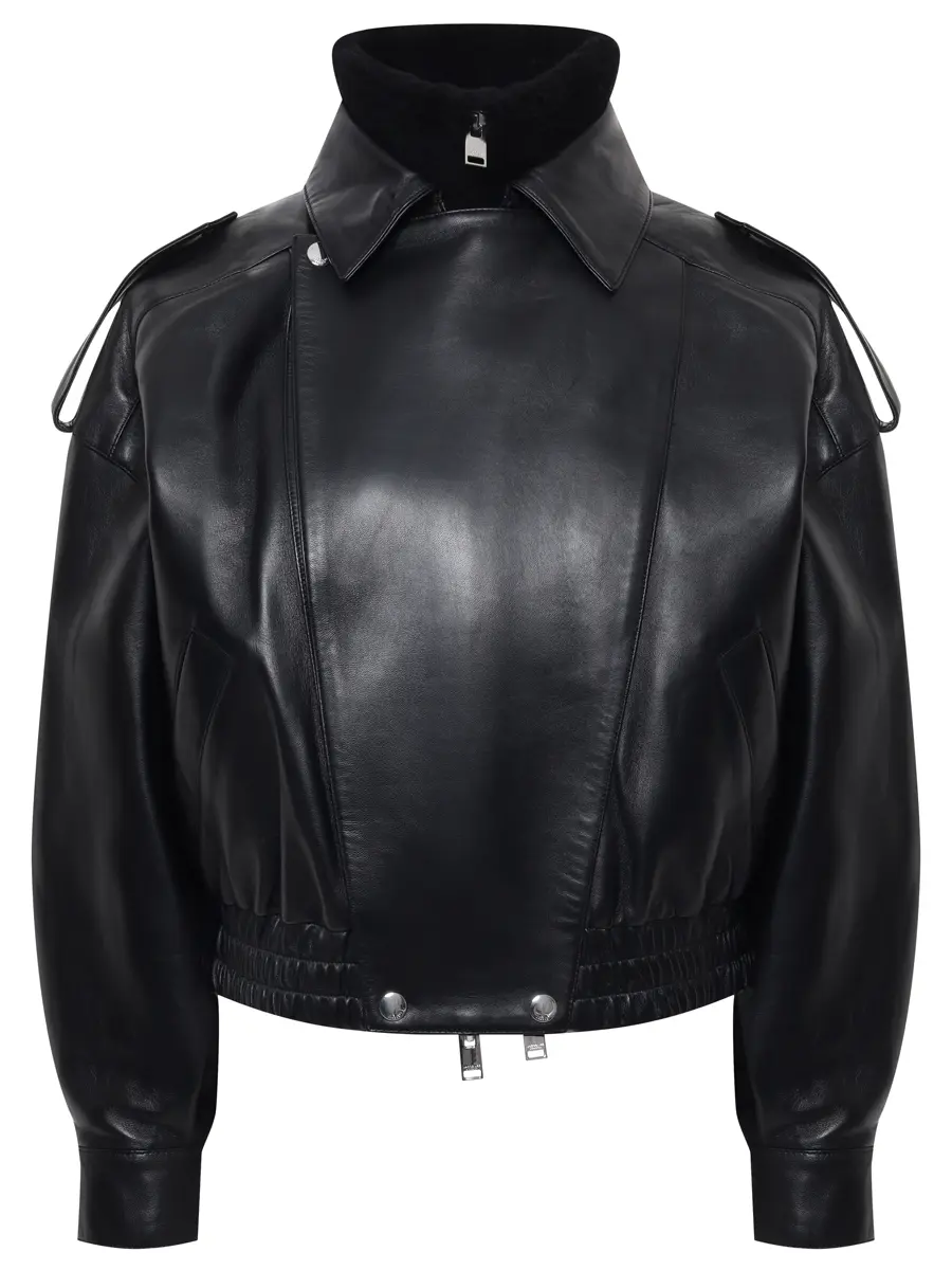 

Куртка кожаная с горжеткой, Черный, WLJ20128AW25B