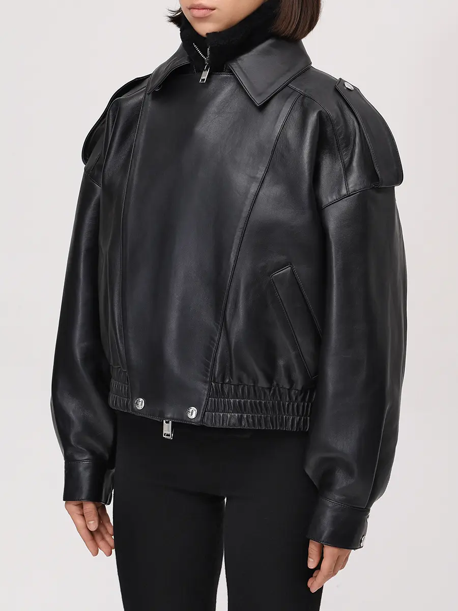 

Куртка кожаная с горжеткой, Черный, WLJ20128AW25B