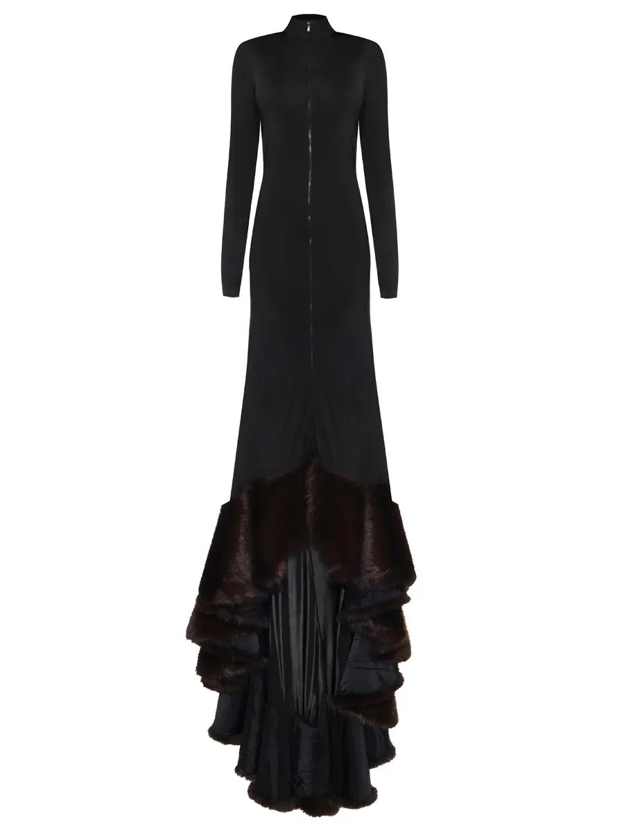 

Платье из вискозы с экомехом, Черный, PF25DK38DL