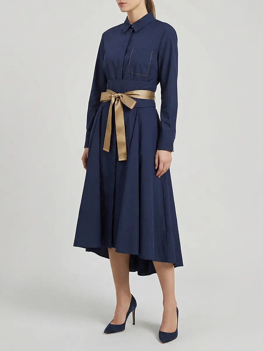 Хлопковое платье-миди с поясом BRUNELLO CUCINELLI M0F79A4408 C7186 Синий  Фото 2