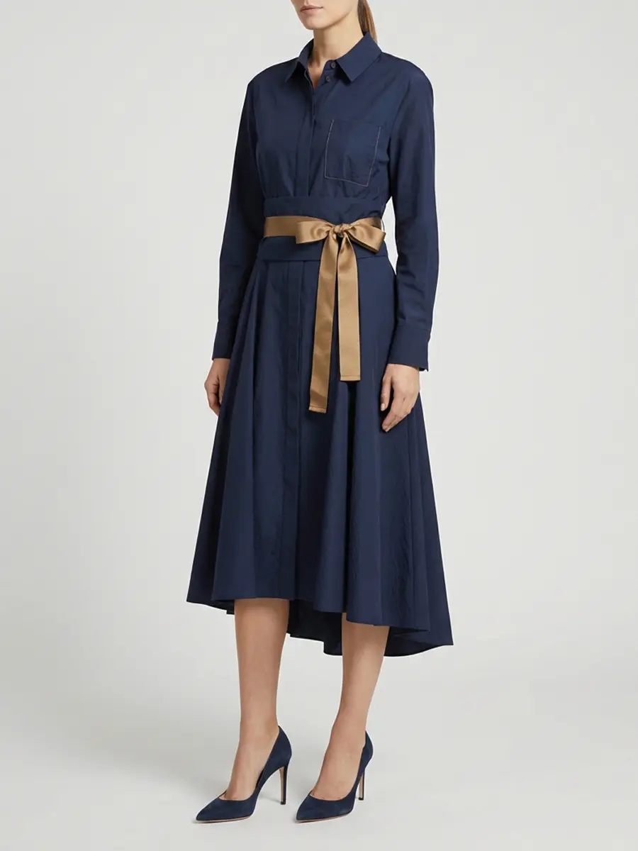 Хлопковое платье-миди с поясом BRUNELLO CUCINELLI M0F79A4408 C7186 Синий  Фото 4